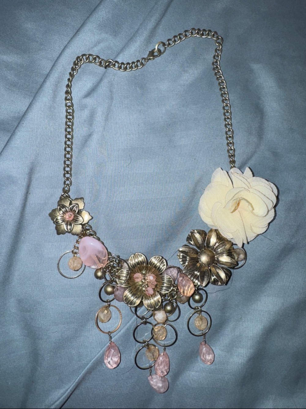 Gold-Tone Floral Statement Necklace with Pink & Cream Accents